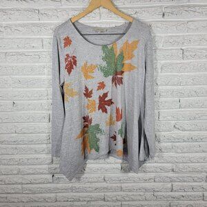 Astrologie Womens Top XL Autumn Leaves Gray Asymmetric Rhinestones GRA40E